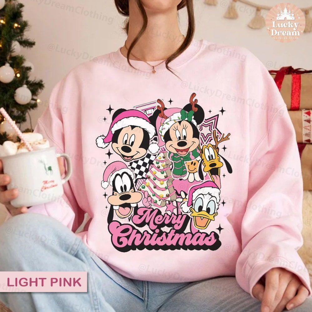 Mickey And Friends Pink Christmas Tree Vuitino Shirt